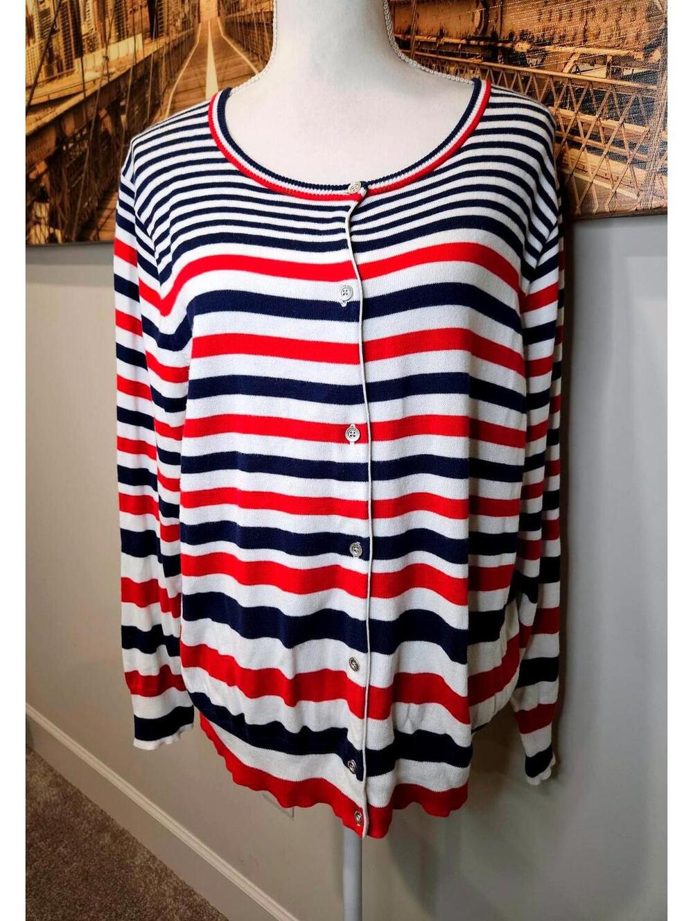 Lands' End  Striped Pima Cotton Cardigan Sweater XL